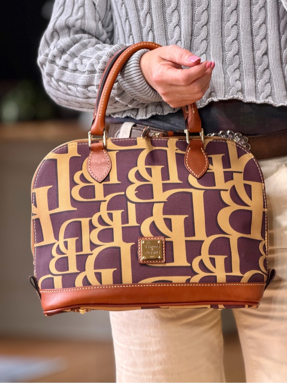 Dooney & Bourke Preppy Plum & British Tan DB Monogram Domed Satchel‎ NWT